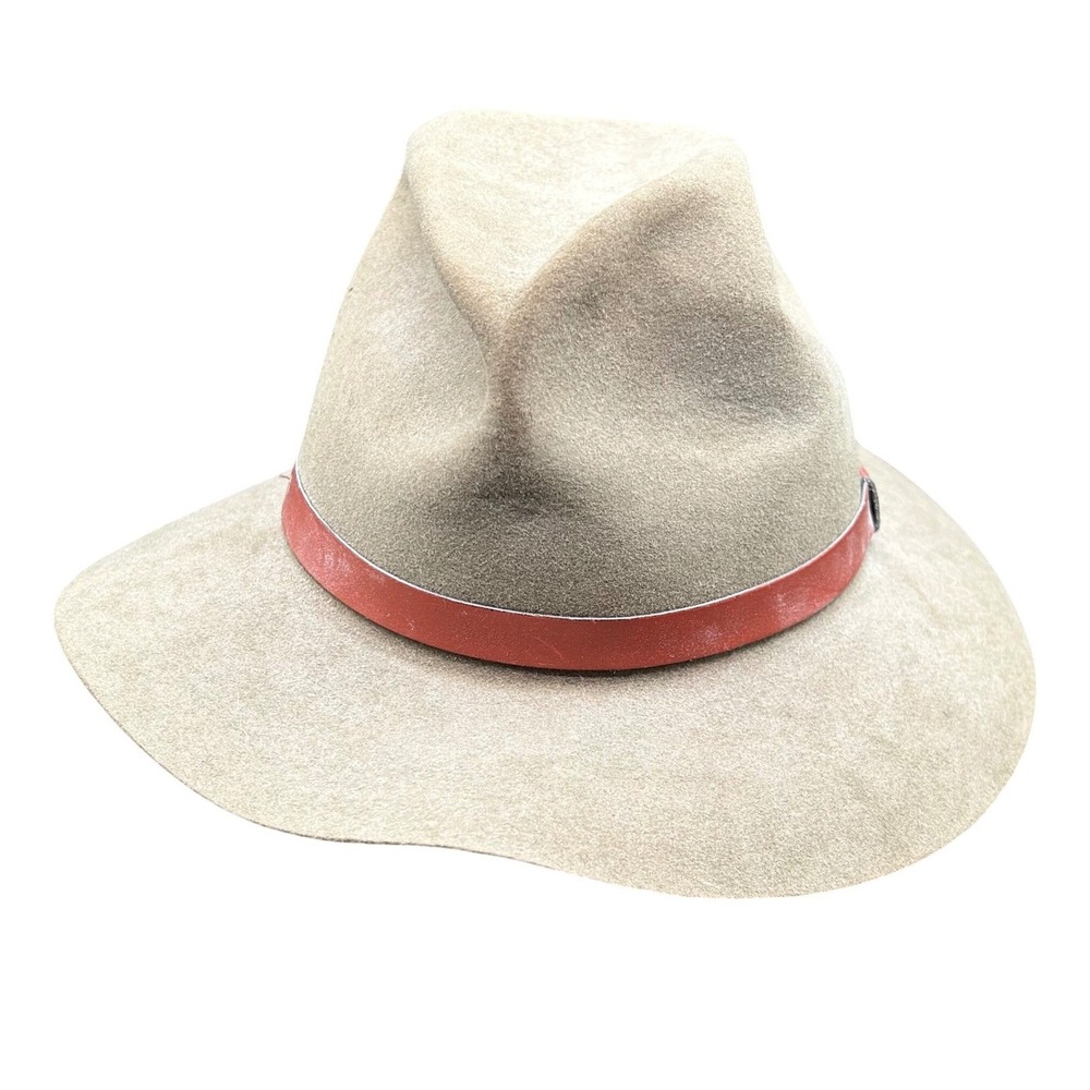 Orvis Mens 5X Genuine Fur Felt Fedora Hat Olive Green Wide Brim Leather Band M